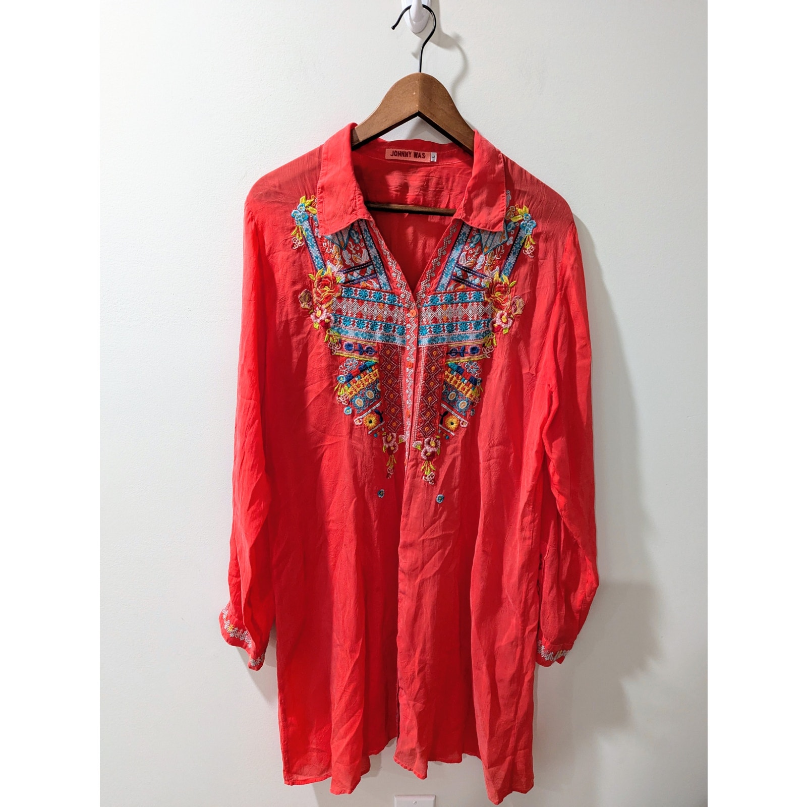 Johnny Was Coral Embroidered Button Front Tunic Top